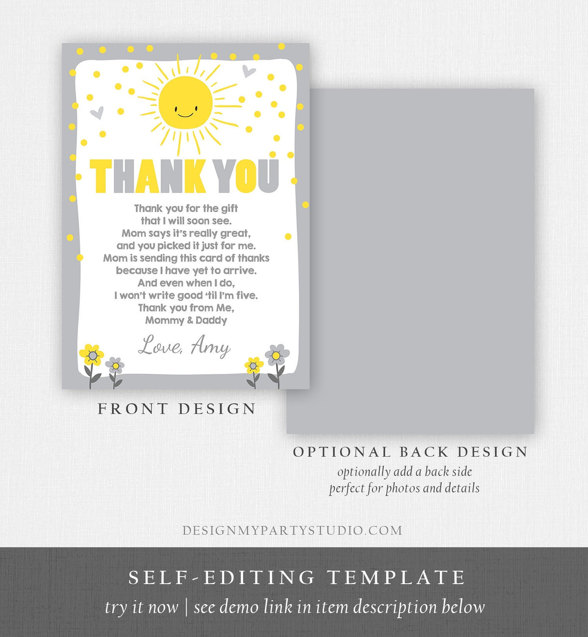 Editable Baby Shower Thank You Card Sunshine Thank You Note Gender Neutral Sunshine Birthday Summer Template Download Digital Corjl 0070