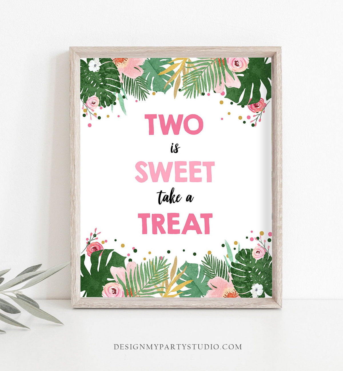 Two is Sweet Take a Treat Second Birthday Sign Girl Safari Animals Party 2nd Tropical Pink Gold Jungle Zoo Table Sign Decor Printable 0332