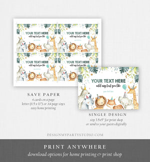 Editable Insert Card Safari Animals Boy Green and Gold Safari Zoo Birthday Information Card Download Printable Template Digital Corjl 0163