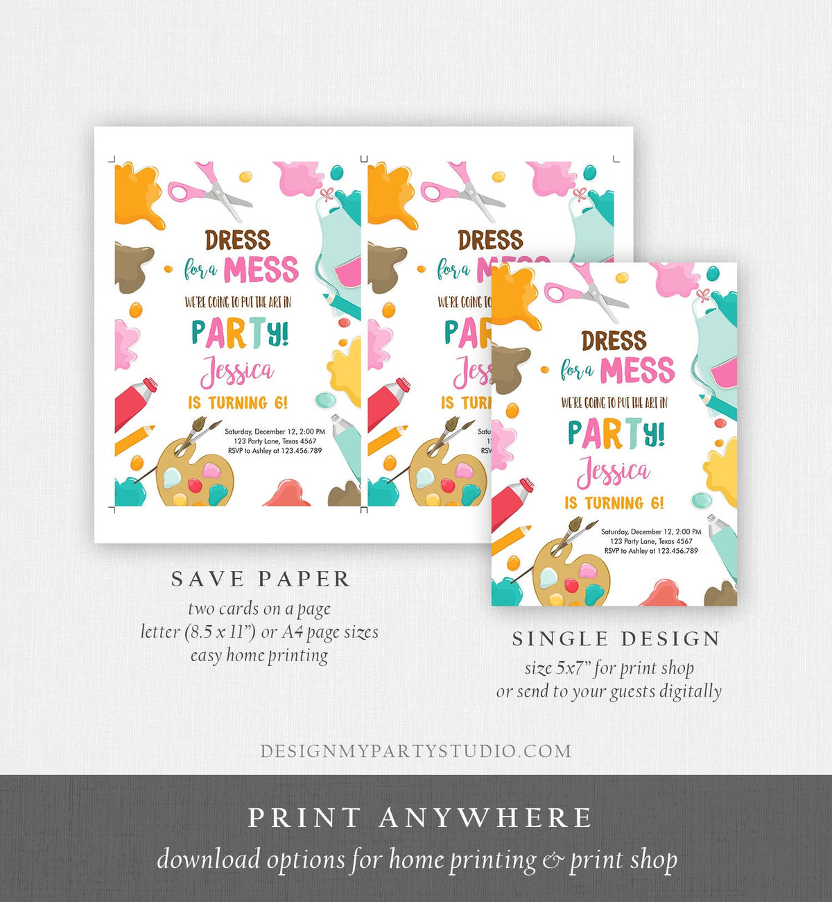 Editable Painting Party Invitation Art Party Birthday Invite Girl Pink Paint Craft Party Download Printable Template Digital Corjl 0319