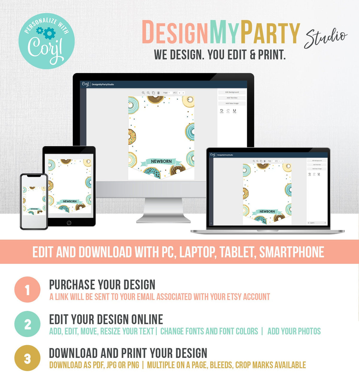 Editable Donut First Birthday Banner Boy Monthly Photo Banner Doughnut Bash Birthday Decor Blue Teal Download Corjl Template Printable 0155