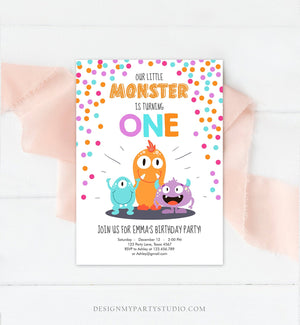 Editable Little Monster Birthday Invitation First Birthday Party Monsters Girl Confetti 1st Pink Purple One Printable Corjl Template 0058