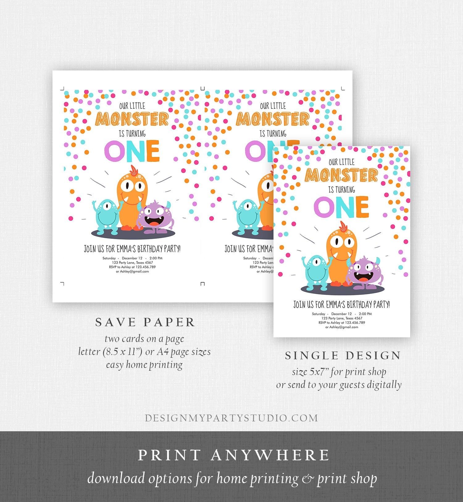 Editable Little Monster Birthday Invitation First Birthday Party Monsters Girl Confetti 1st Pink Purple One Printable Corjl Template 0058