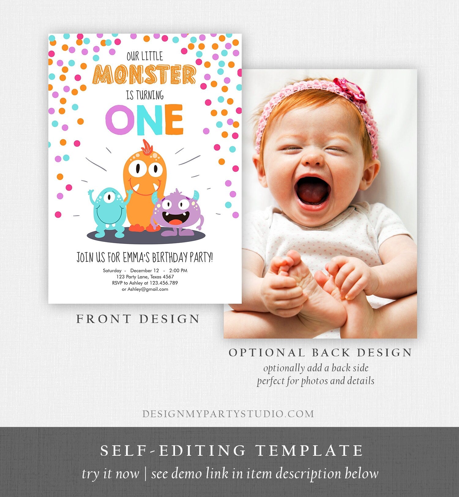 Editable Little Monster Birthday Invitation First Birthday Party Monsters Girl Confetti 1st Pink Purple One Printable Corjl Template 0058