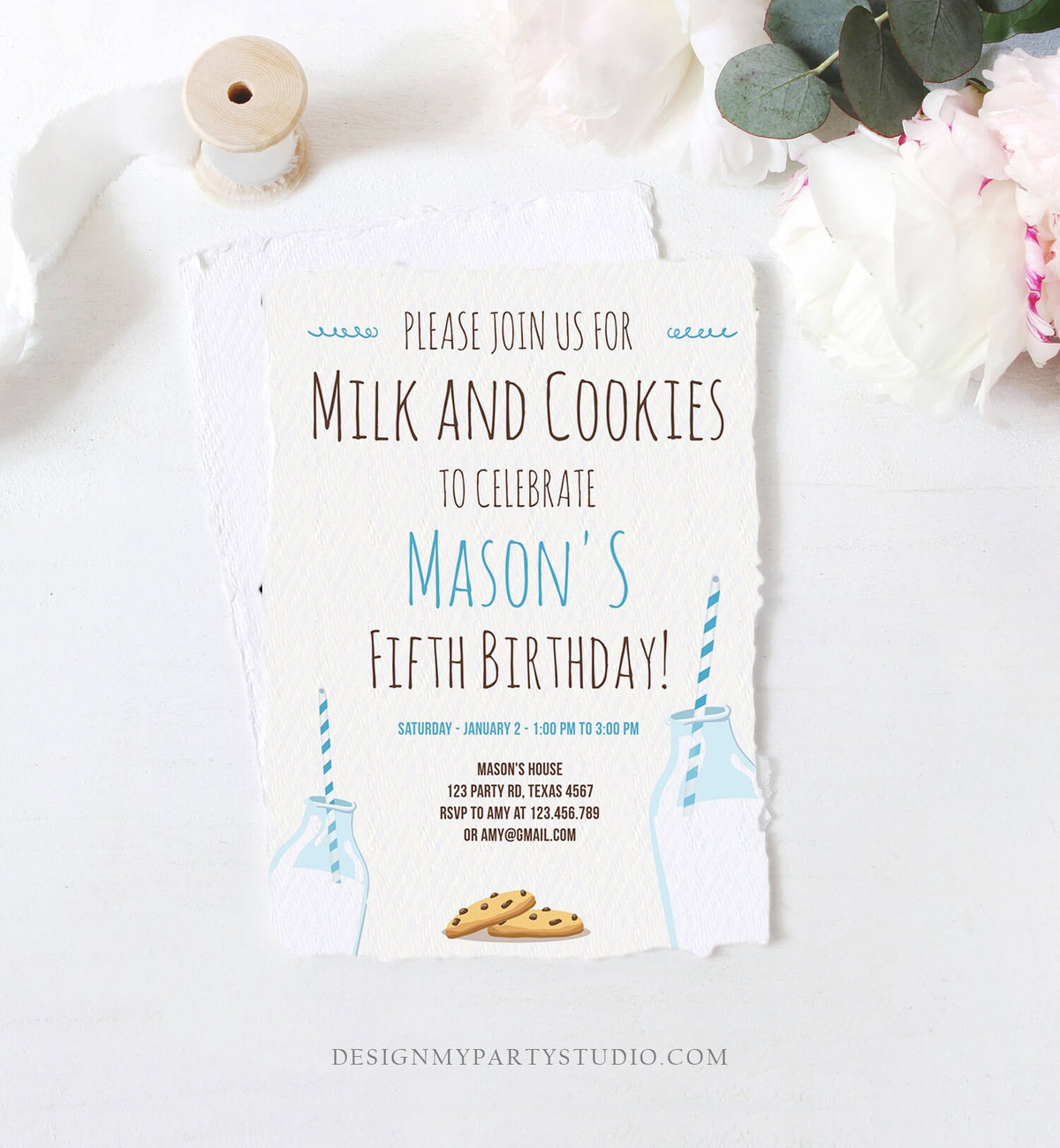 Editable Milk and Cookies Birthday Invitation Milk &amp; Cookies Party Boy Blue Sweet Chocolate Chip Cookie Corjl Template Printable 0088
