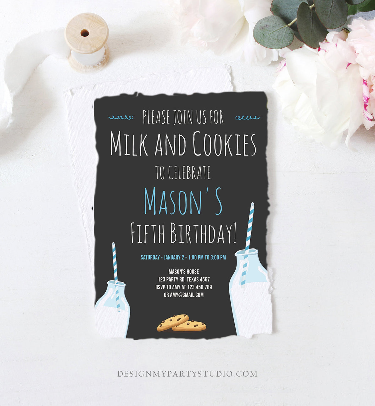 Editable Milk and Cookies Birthday Invitation Milk &amp; Cookies Party Boy Blue Sweet Chocolate Chip Cookie Corjl Template Printable 0088