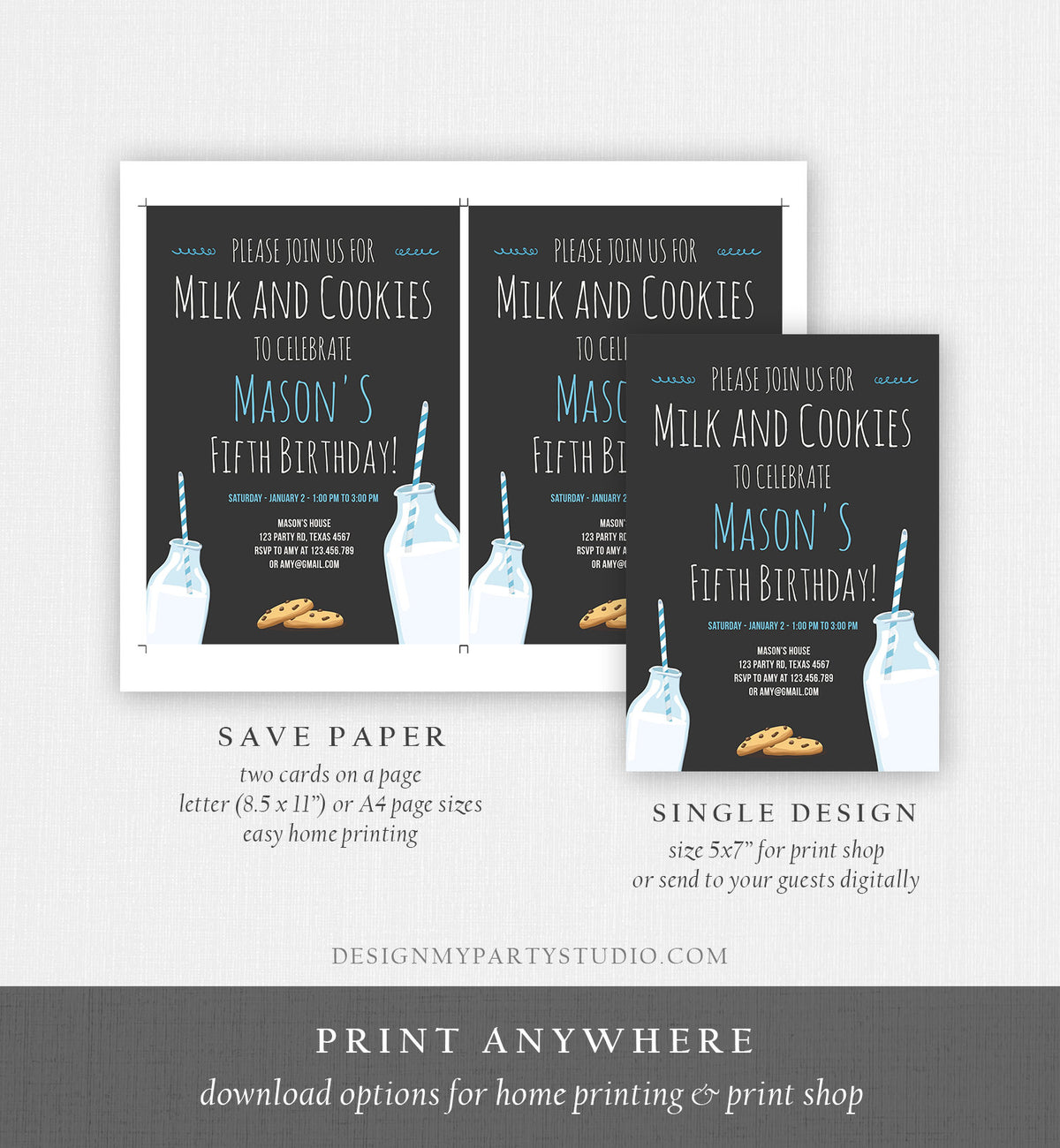 Editable Milk and Cookies Birthday Invitation Milk &amp; Cookies Party Boy Blue Sweet Chocolate Chip Cookie Corjl Template Printable 0088