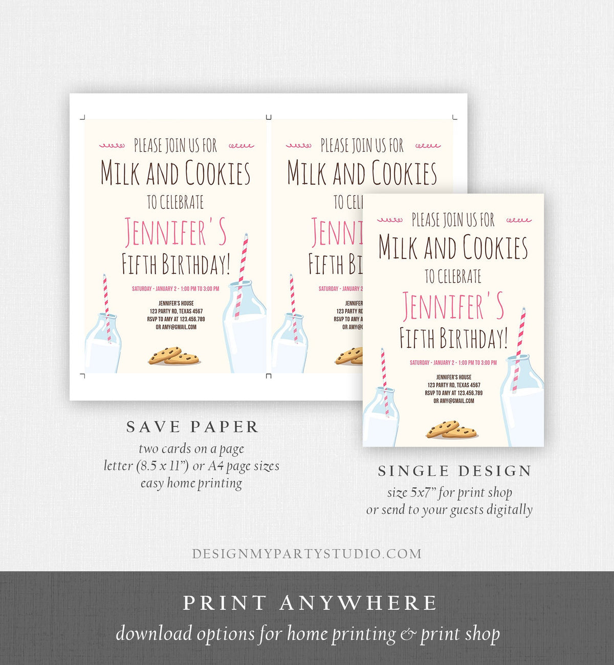 Editable Milk and Cookies Birthday Invitation Milk &amp; Cookies Party Girl Pink Sweet Chocolate Chip Cookie Corjl Template Printable 0088