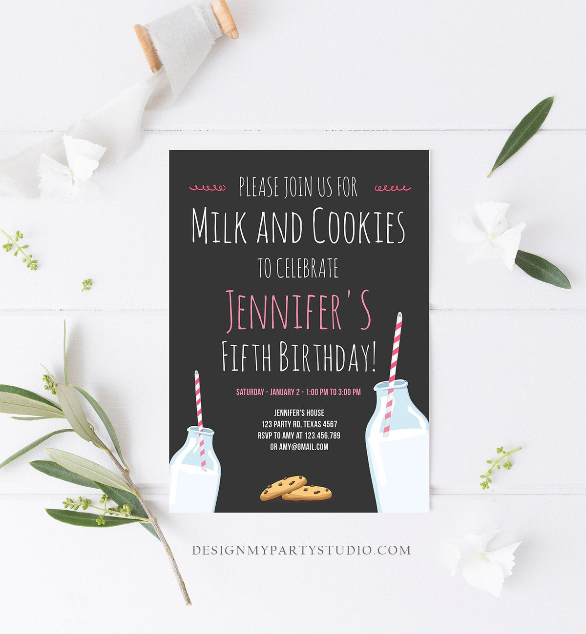 Editable Milk and Cookies Birthday Invitation Milk &amp; Cookies Party Girl Pink Sweet Chocolate Chip Cookie Corjl Template Printable 0088
