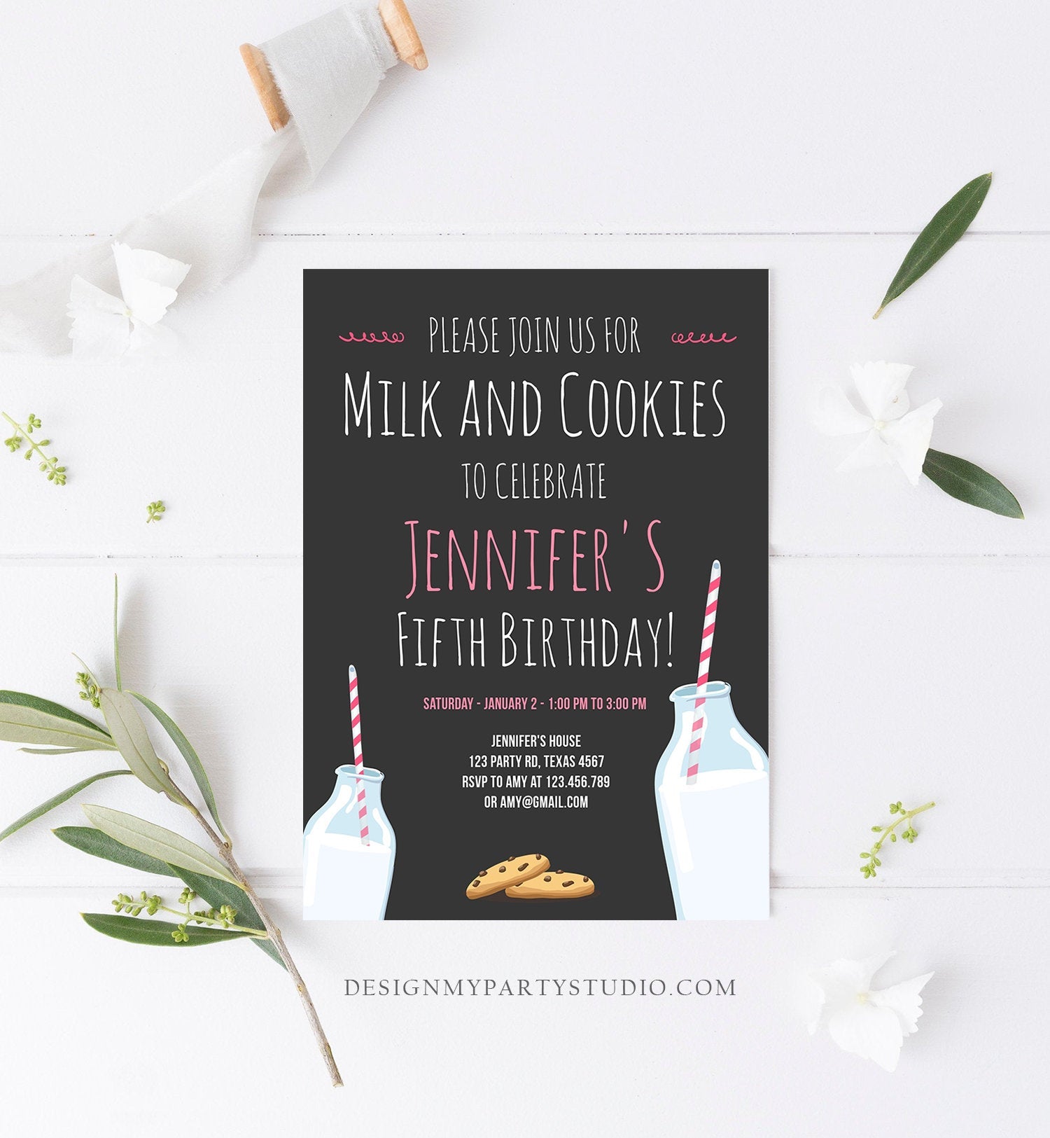 Editable Milk and Cookies Birthday Invitation Milk & Cookies Party Girl Pink Sweet Chocolate Chip Cookie Corjl Template Printable 0088