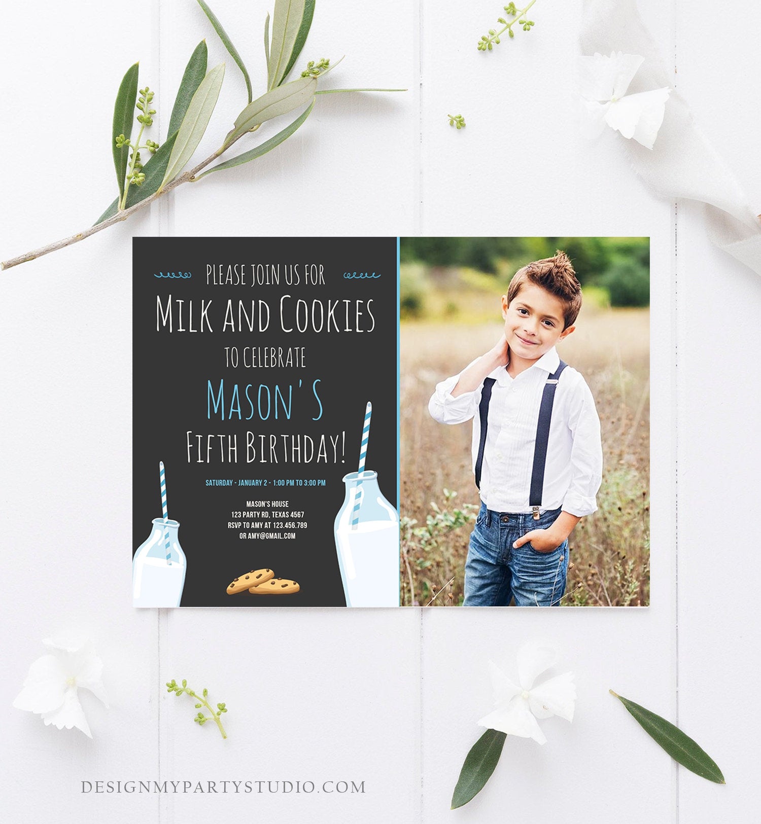 Editable Milk and Cookies Birthday Invitation Milk & Cookies Party Boy Blue Sweet Chocolate Chip Cookie Corjl Template Printable 0088