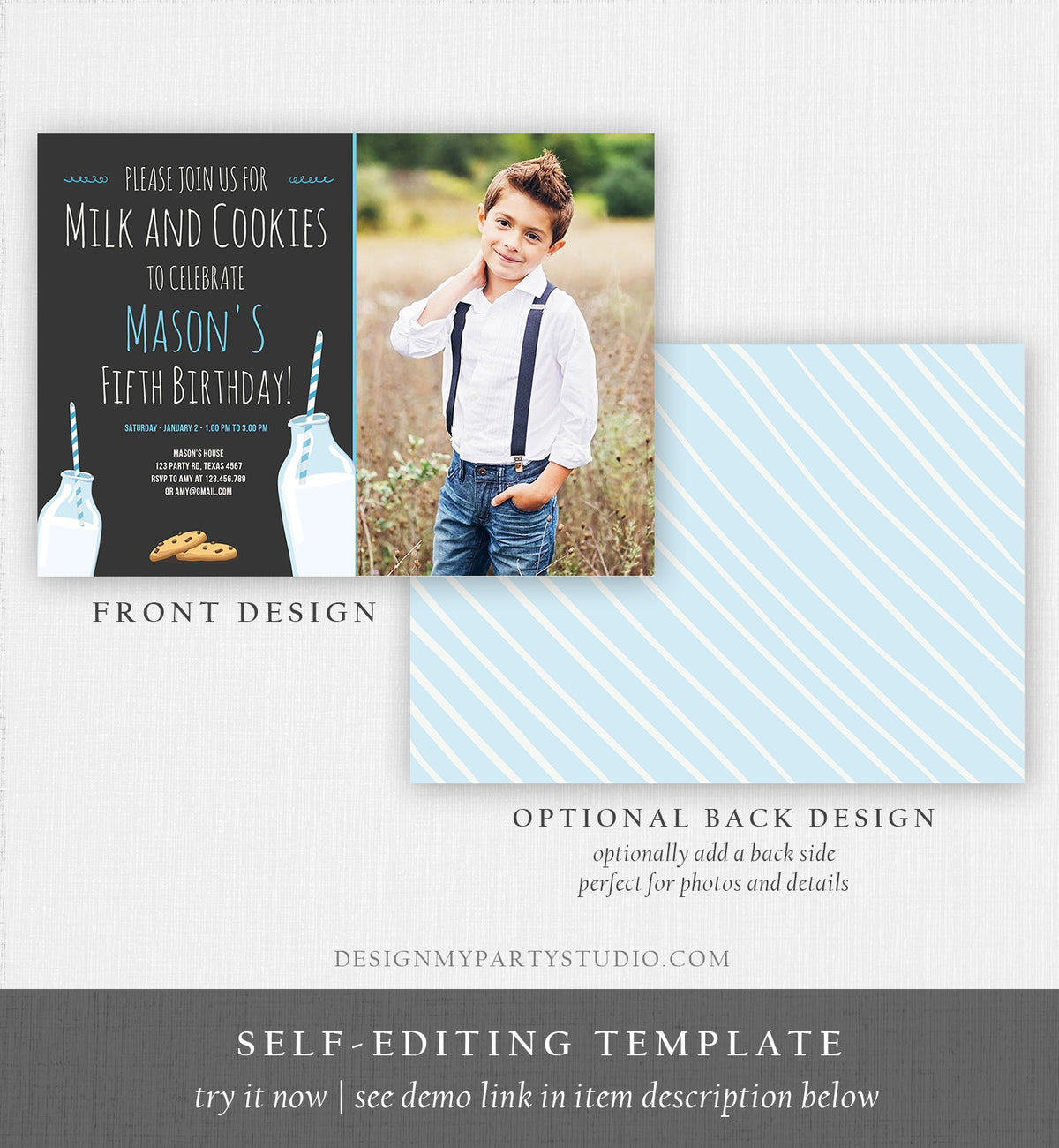 Editable Milk and Cookies Birthday Invitation Milk &amp; Cookies Party Boy Blue Sweet Chocolate Chip Cookie Corjl Template Printable 0088