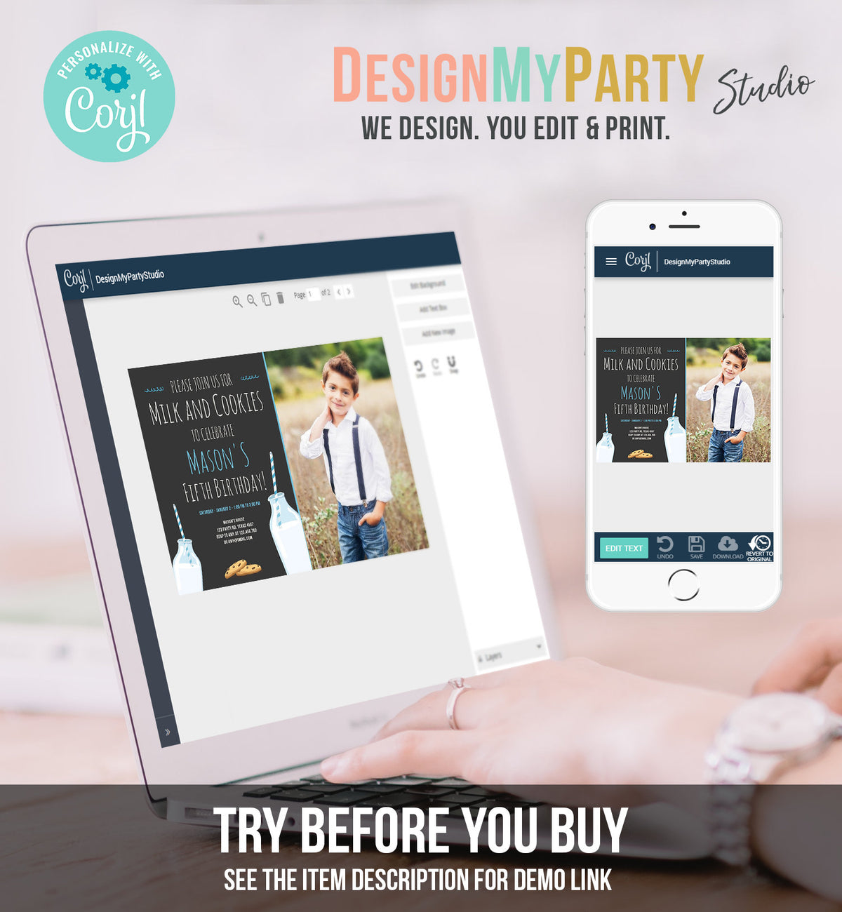 Editable Milk and Cookies Birthday Invitation Milk &amp; Cookies Party Boy Blue Sweet Chocolate Chip Cookie Corjl Template Printable 0088