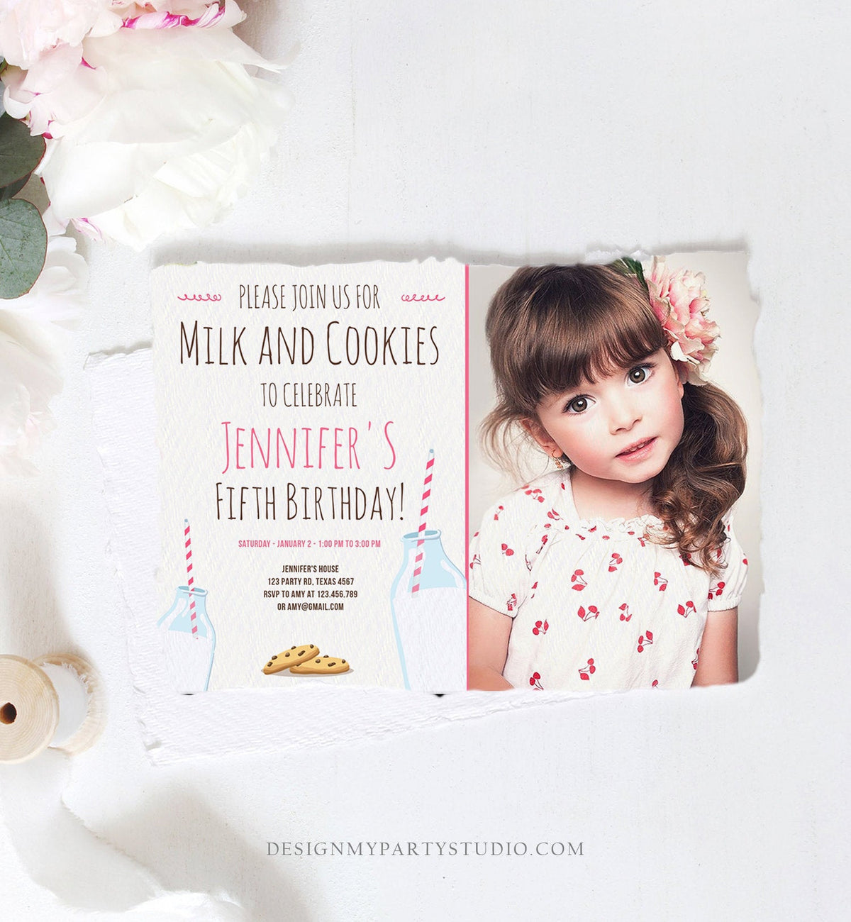 Editable Milk and Cookies Birthday Invitation Milk &amp; Cookies Party Girl Pink Sweet Chocolate Chip Cookie Corjl Template Printable 0088
