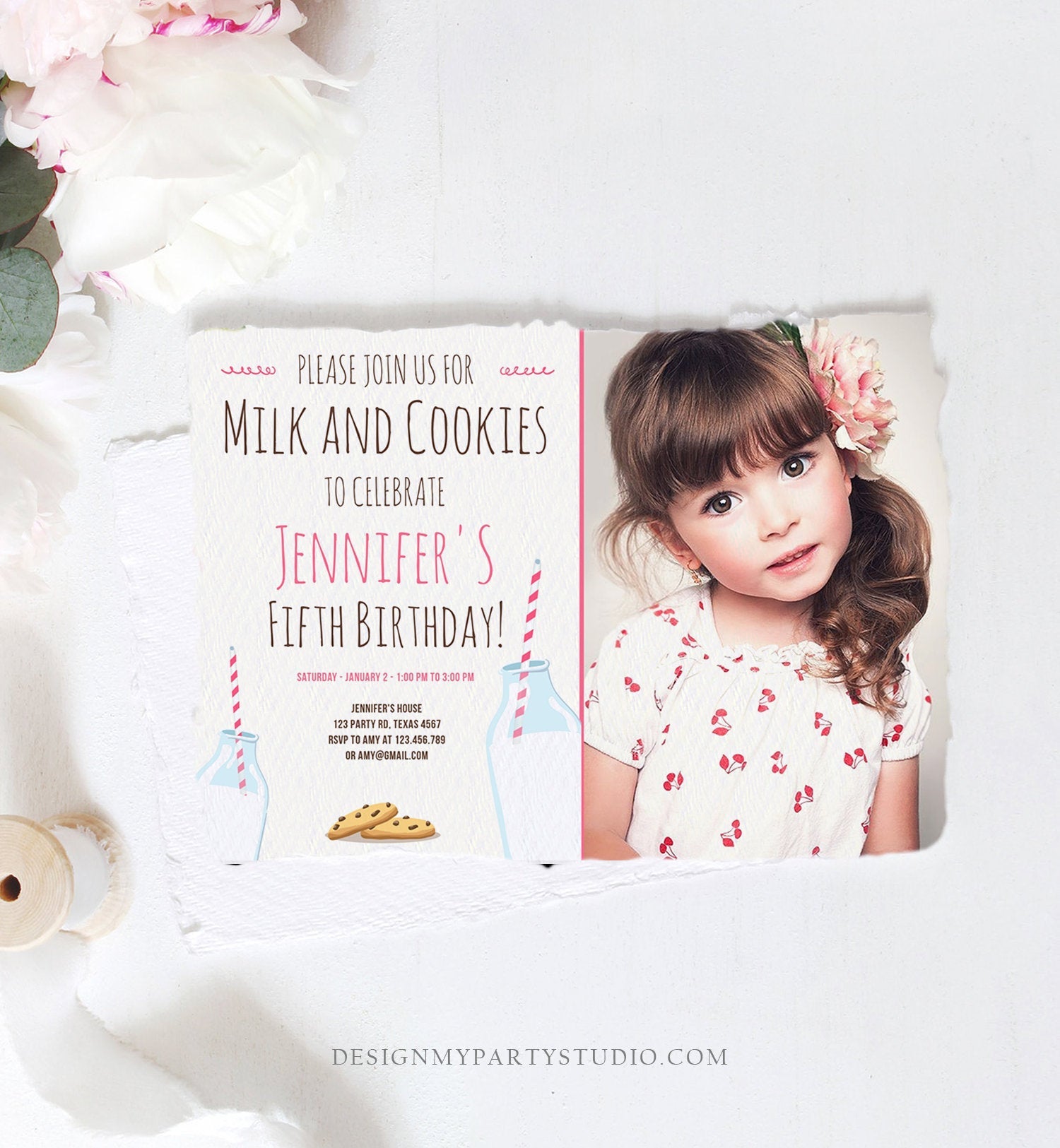 Editable Milk and Cookies Birthday Invitation Milk & Cookies Party Girl Pink Sweet Chocolate Chip Cookie Corjl Template Printable 0088
