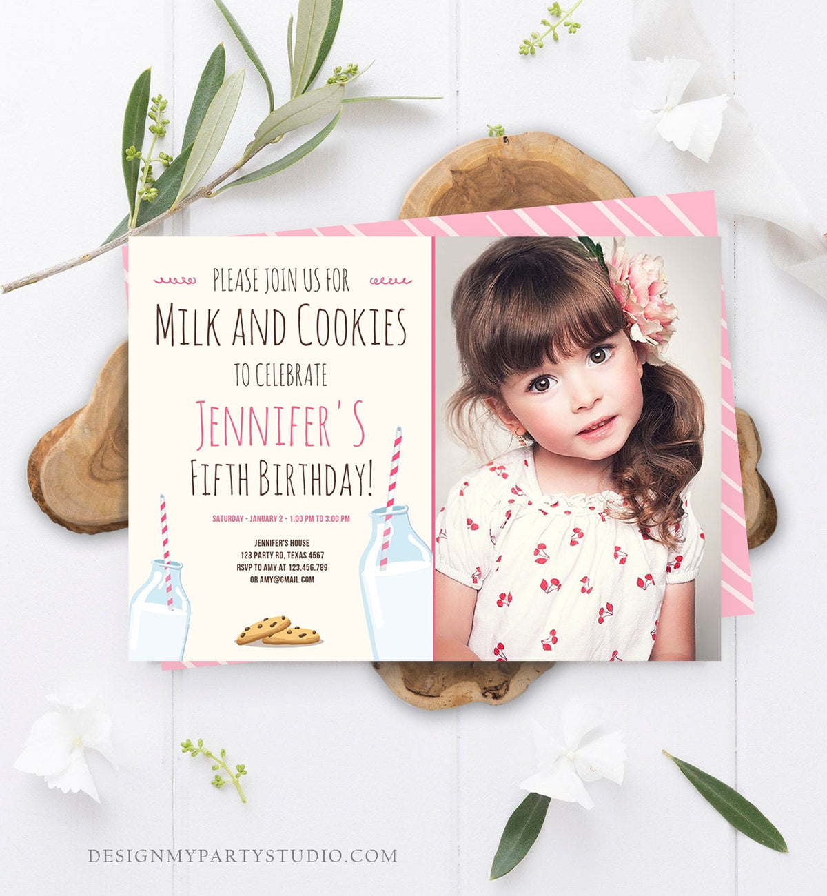 Editable Milk and Cookies Birthday Invitation Milk &amp; Cookies Party Girl Pink Sweet Chocolate Chip Cookie Corjl Template Printable 0088