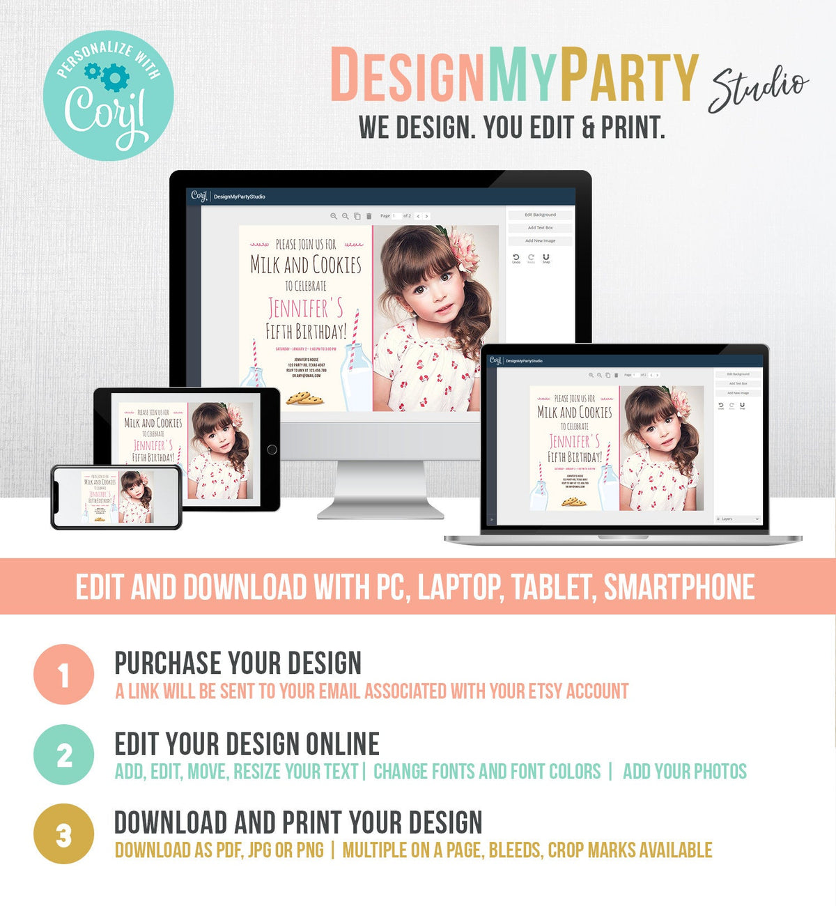 Editable Milk and Cookies Birthday Invitation Milk &amp; Cookies Party Girl Pink Sweet Chocolate Chip Cookie Corjl Template Printable 0088