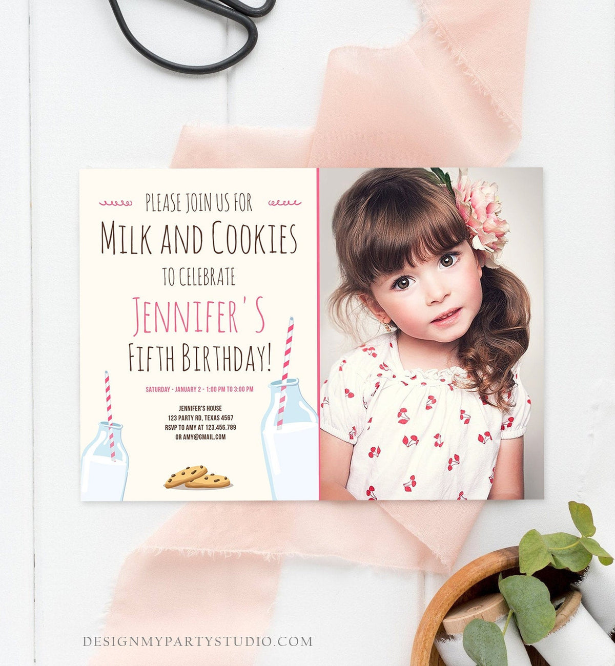 Editable Milk and Cookies Birthday Invitation Milk &amp; Cookies Party Girl Pink Sweet Chocolate Chip Cookie Corjl Template Printable 0088