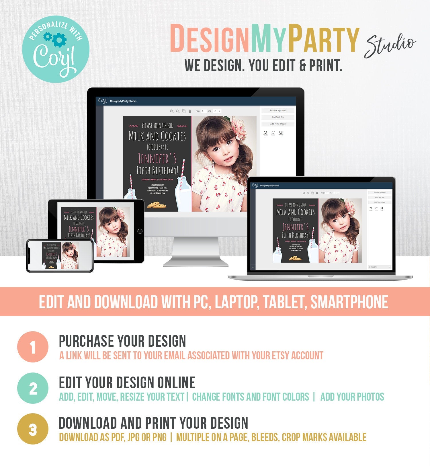 Editable Milk and Cookies Birthday Invitation Milk & Cookies Party Girl Pink Sweet Chocolate Chip Cookie Corjl Template Printable 0088