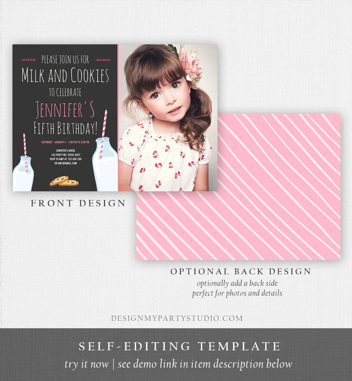 Editable Milk and Cookies Birthday Invitation Milk &amp; Cookies Party Girl Pink Sweet Chocolate Chip Cookie Corjl Template Printable 0088