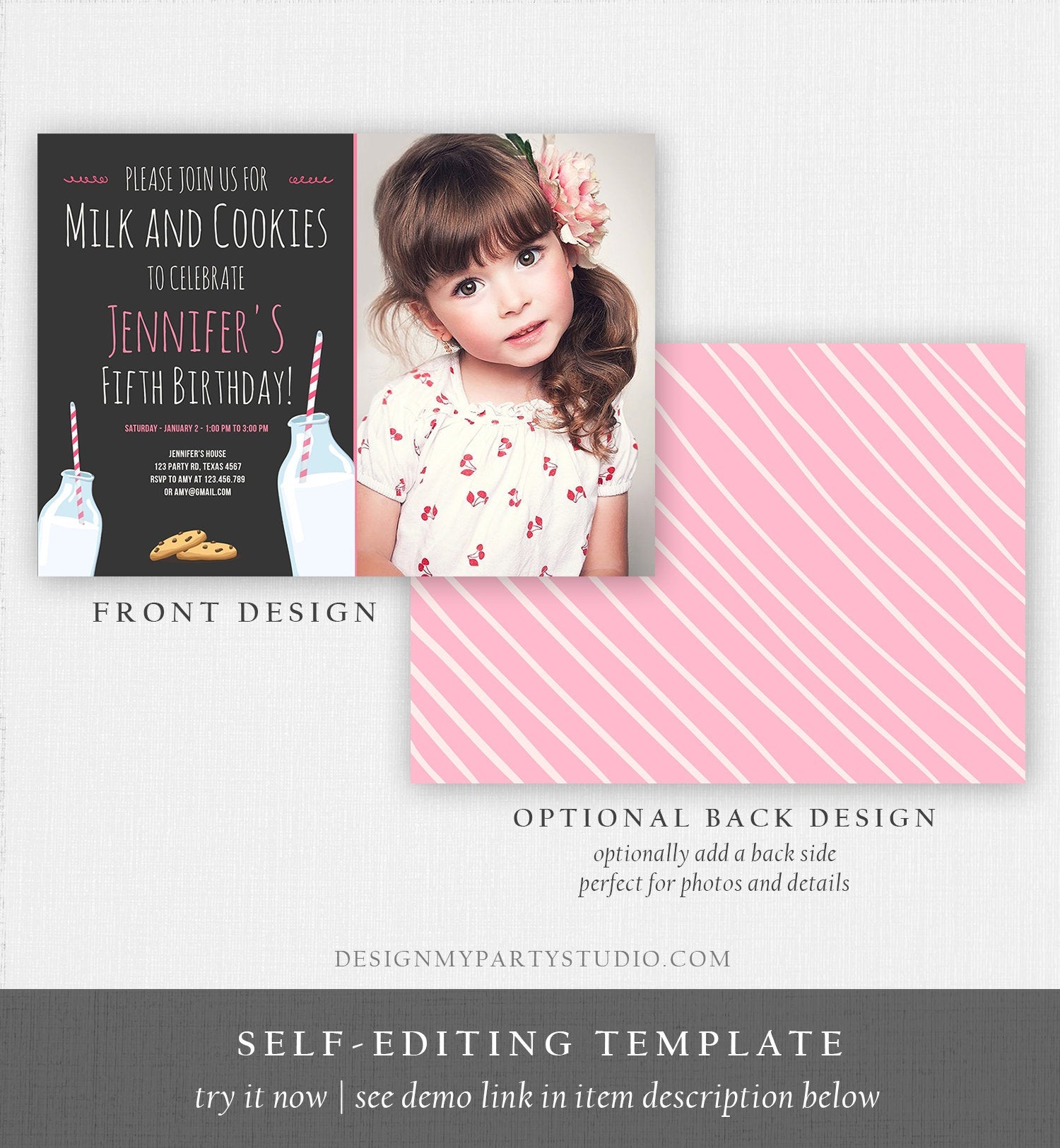 Editable Milk and Cookies Birthday Invitation Milk & Cookies Party Girl Pink Sweet Chocolate Chip Cookie Corjl Template Printable 0088