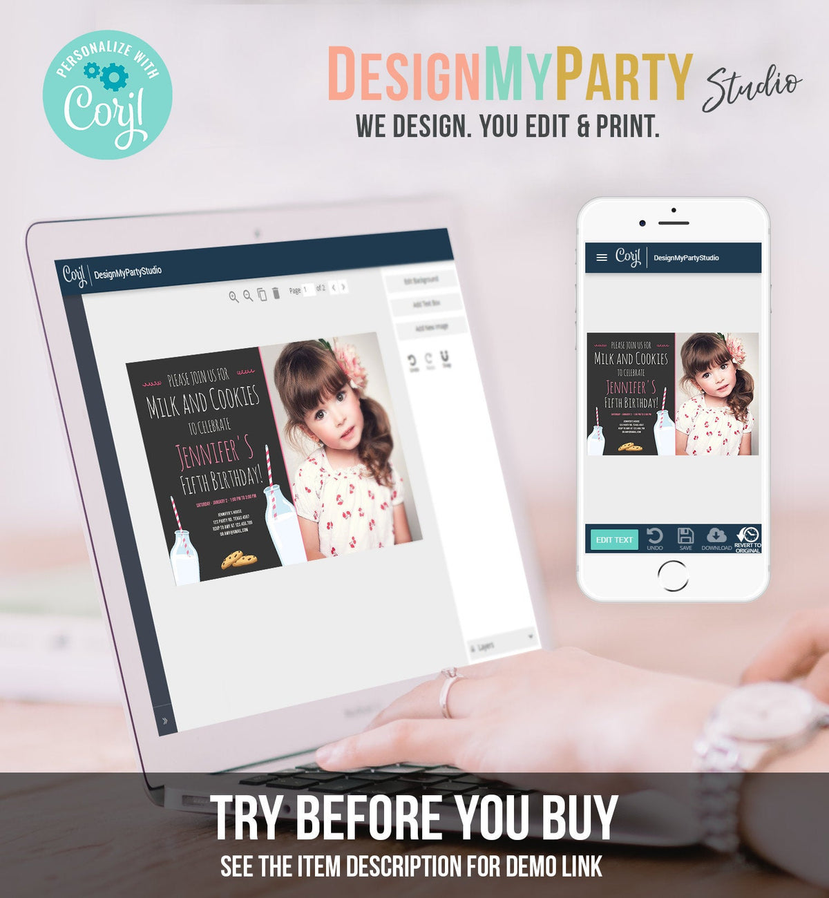 Editable Milk and Cookies Birthday Invitation Milk &amp; Cookies Party Girl Pink Sweet Chocolate Chip Cookie Corjl Template Printable 0088