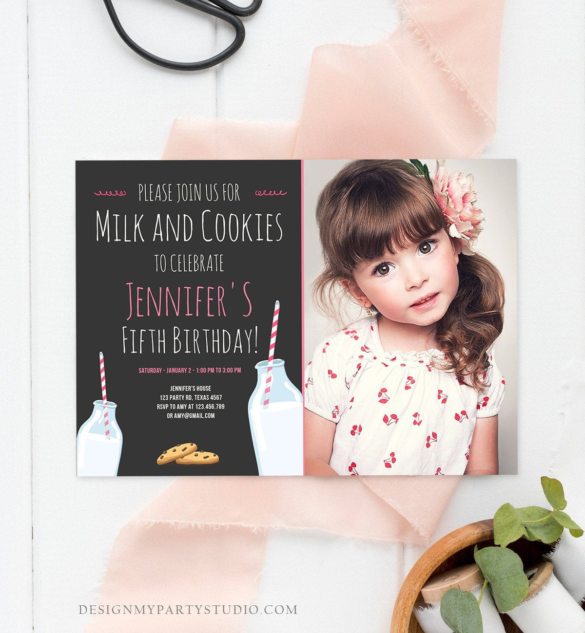 Editable Milk and Cookies Birthday Invitation Milk &amp; Cookies Party Girl Pink Sweet Chocolate Chip Cookie Corjl Template Printable 0088
