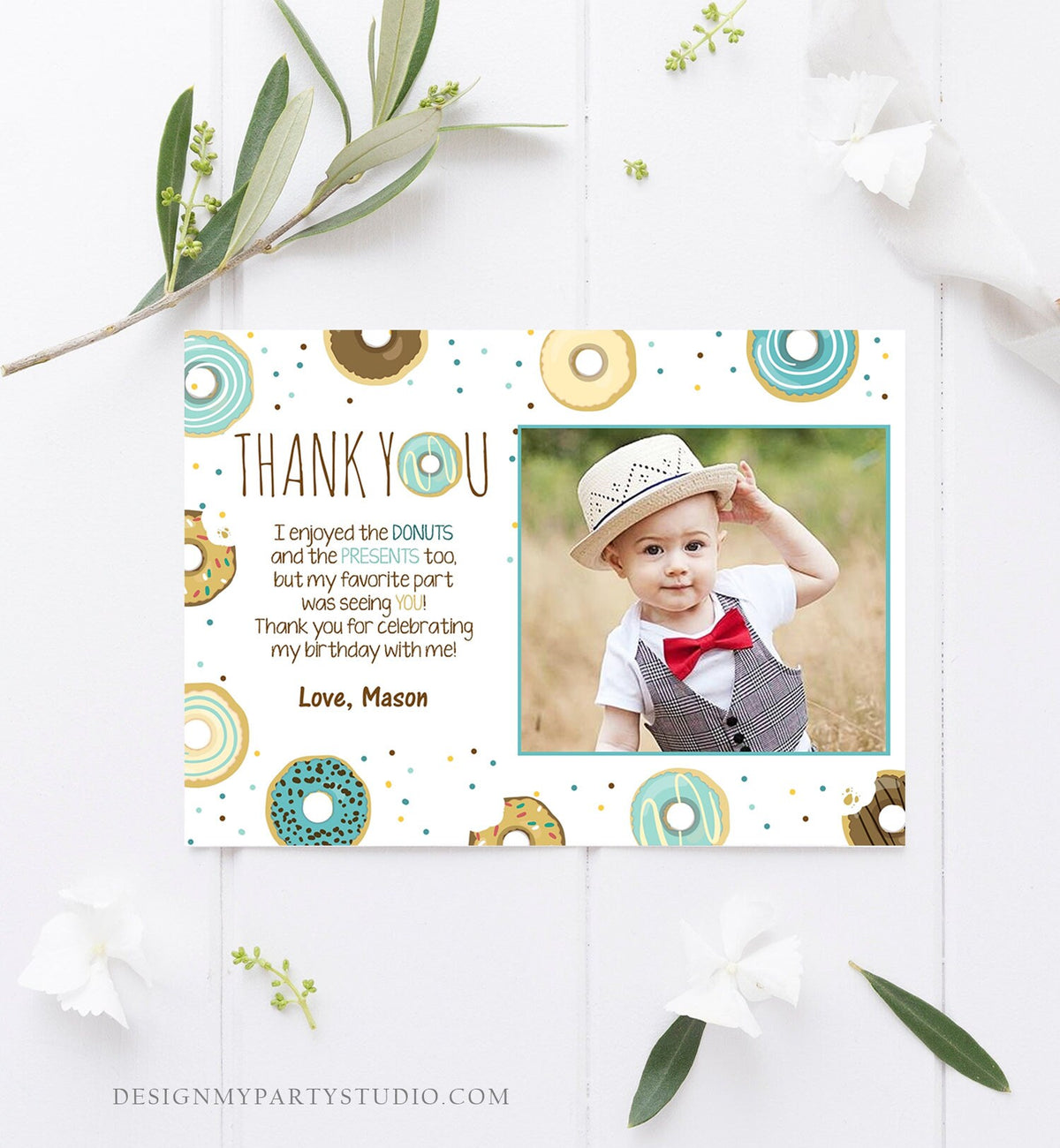 Editable Donut Thank You Card Note Blue Boy Birthday Party Doughnut Thank You Photo Sweet First Birthday 1st Corjl Template Printable 0050