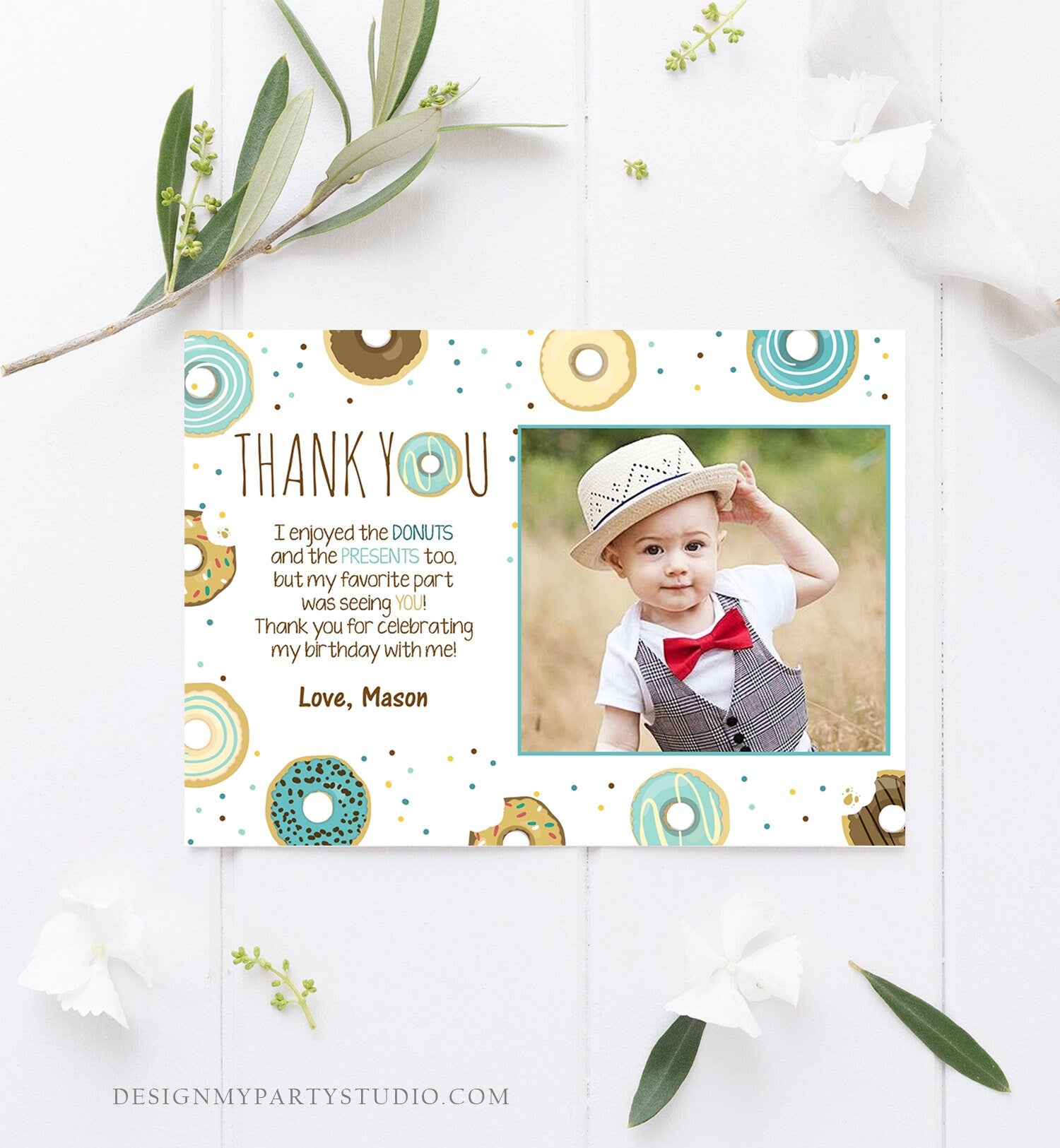 Editable Donut Thank You Card Note Blue Boy Birthday Party Doughnut Thank You Photo Sweet First Birthday 1st Corjl Template Printable 0050