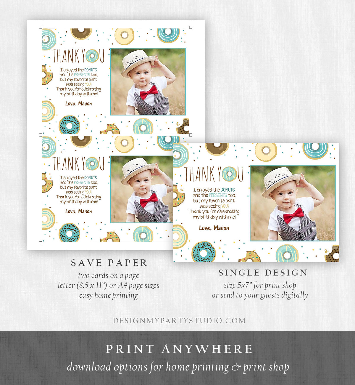 Editable Donut Thank You Card Note Blue Boy Birthday Party Doughnut Thank You Photo Sweet First Birthday 1st Corjl Template Printable 0050