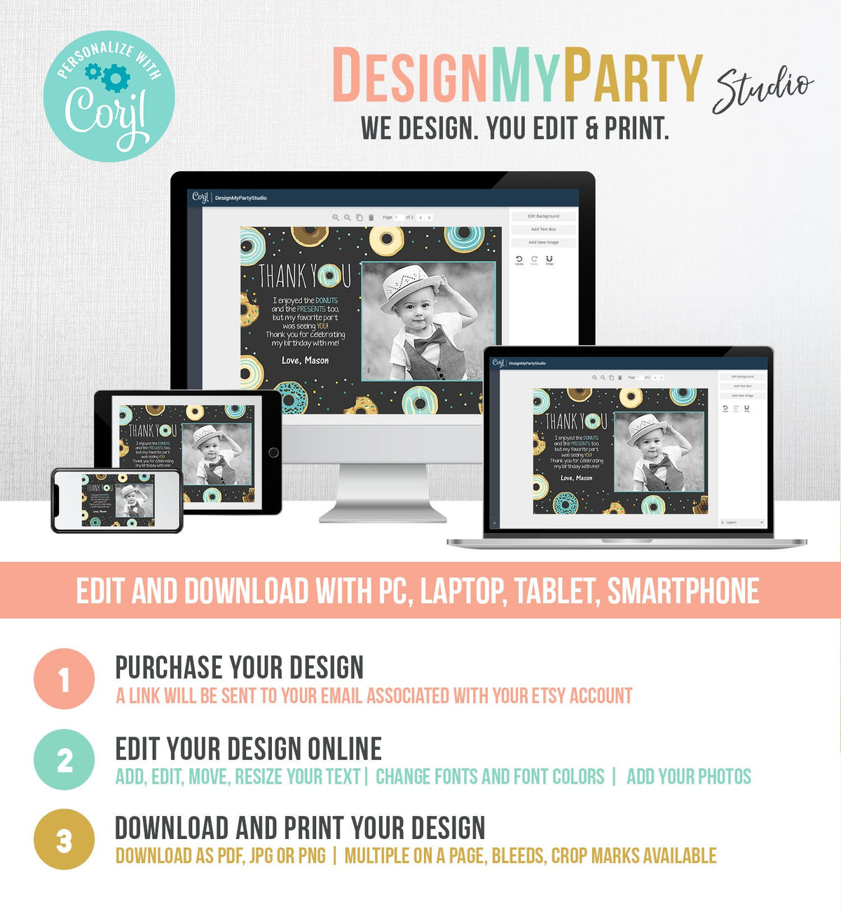 Editable Donut Thank You Card Note Blue Boy Birthday Party Doughnut Thank You Photo Sweet First Birthday 1st Corjl Template Printable 0050