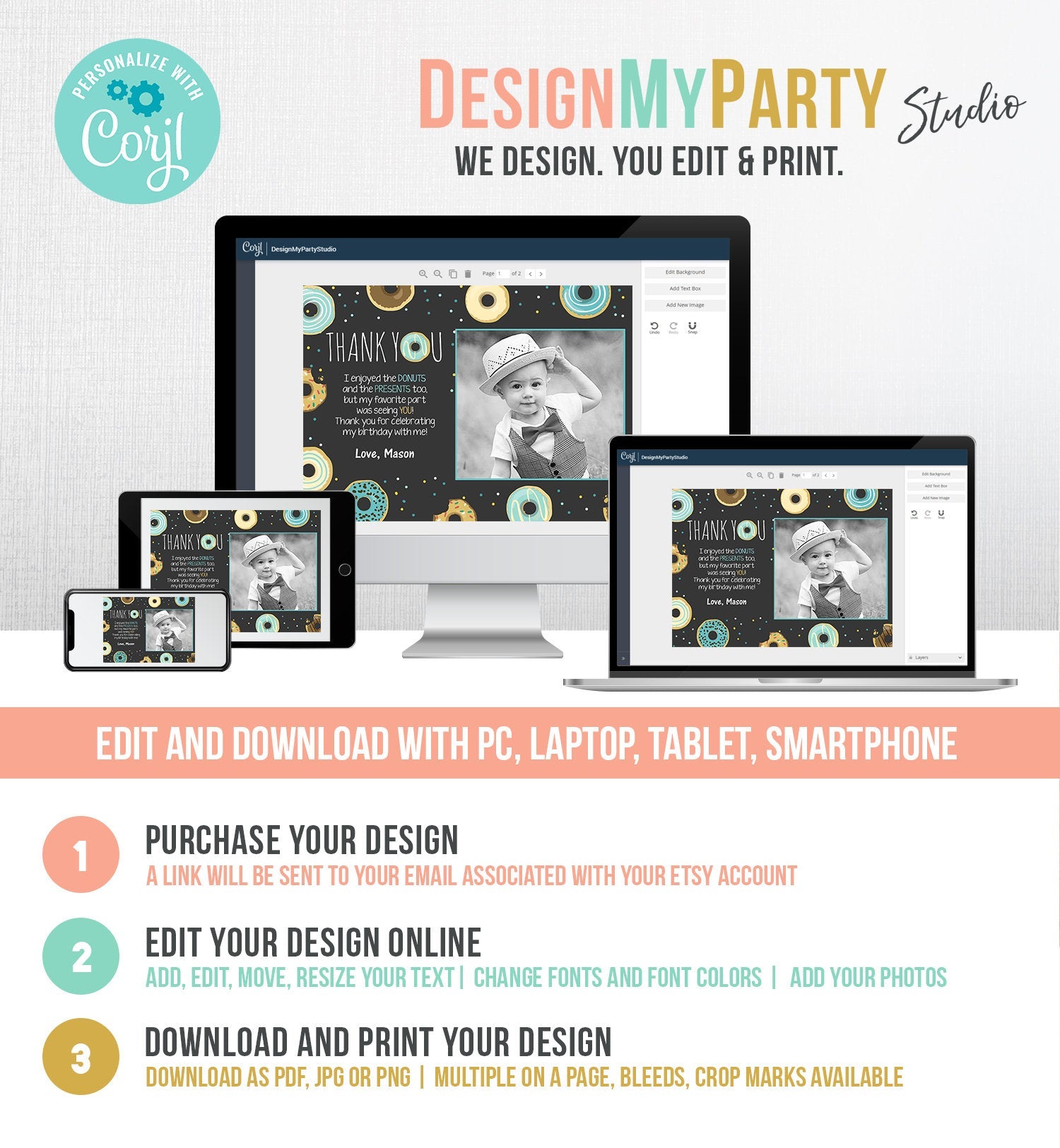 Editable Donut Thank You Card Note Blue Boy Birthday Party Doughnut Thank You Photo Sweet First Birthday 1st Corjl Template Printable 0050