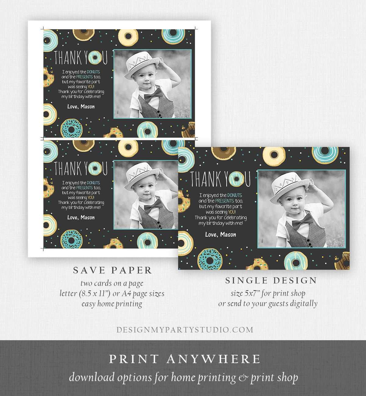 Editable Donut Thank You Card Note Blue Boy Birthday Party Doughnut Thank You Photo Sweet First Birthday 1st Corjl Template Printable 0050