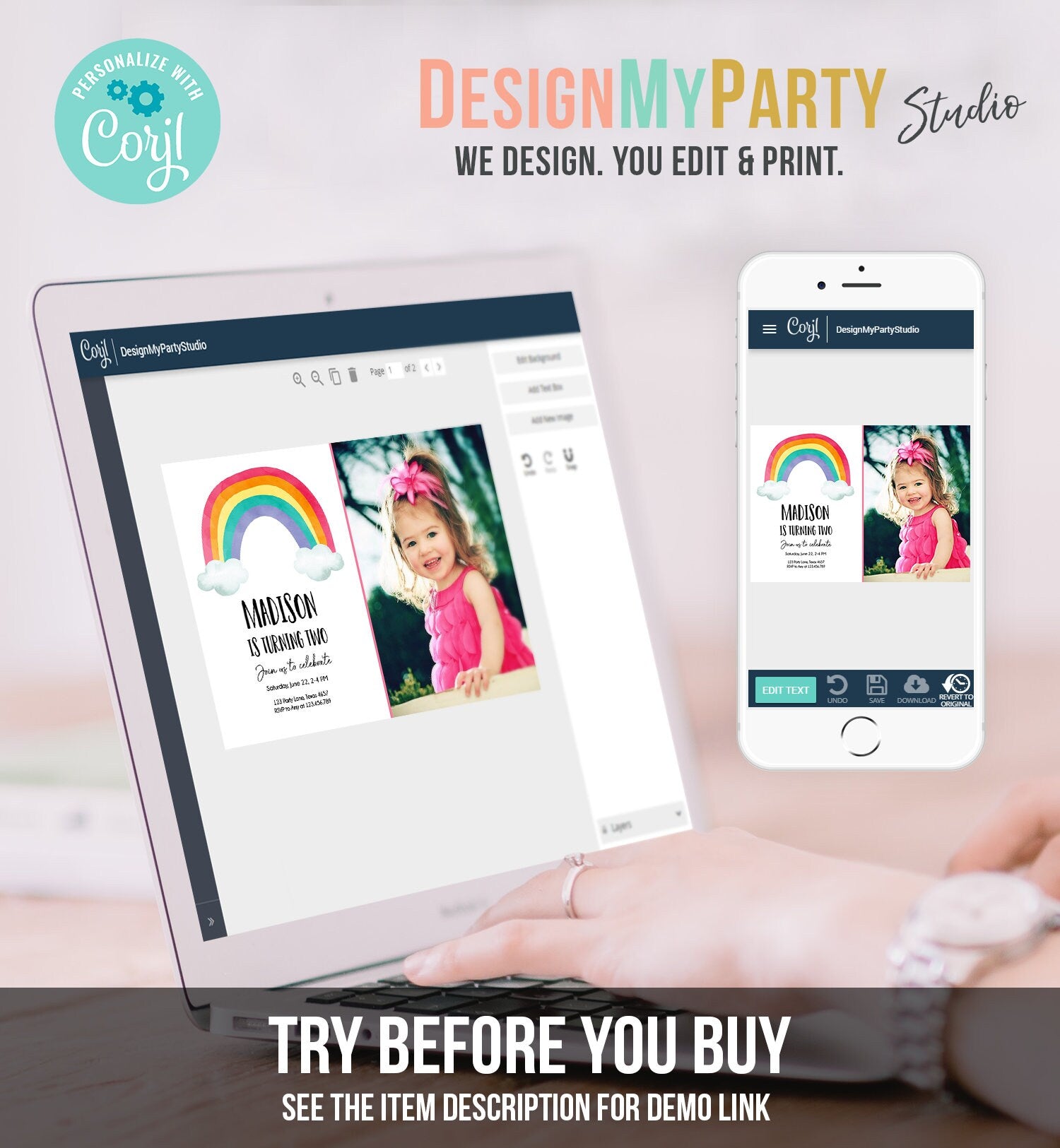 Editable Rainbow Birthday Invitation Kids Girl Boy Neutral Party Clouds Colorful Rainbow Colors Printable Corjl Template Digital 0272