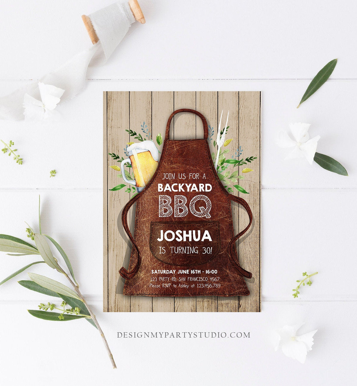 Editable BBQ Birthday Invitation Barbecue Backyard Party Cheers Beer Grill Apron 30th 40th Adult Wood Download Corjl Template Printable 0321