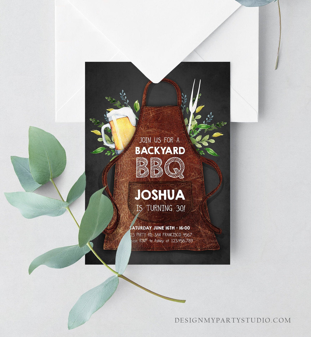 Editable BBQ Birthday Invitation Barbecue Backyard Party Cheers Beer Grill Apron 30th 40th Adult Wood Grill and Chill Corjl Template 0321