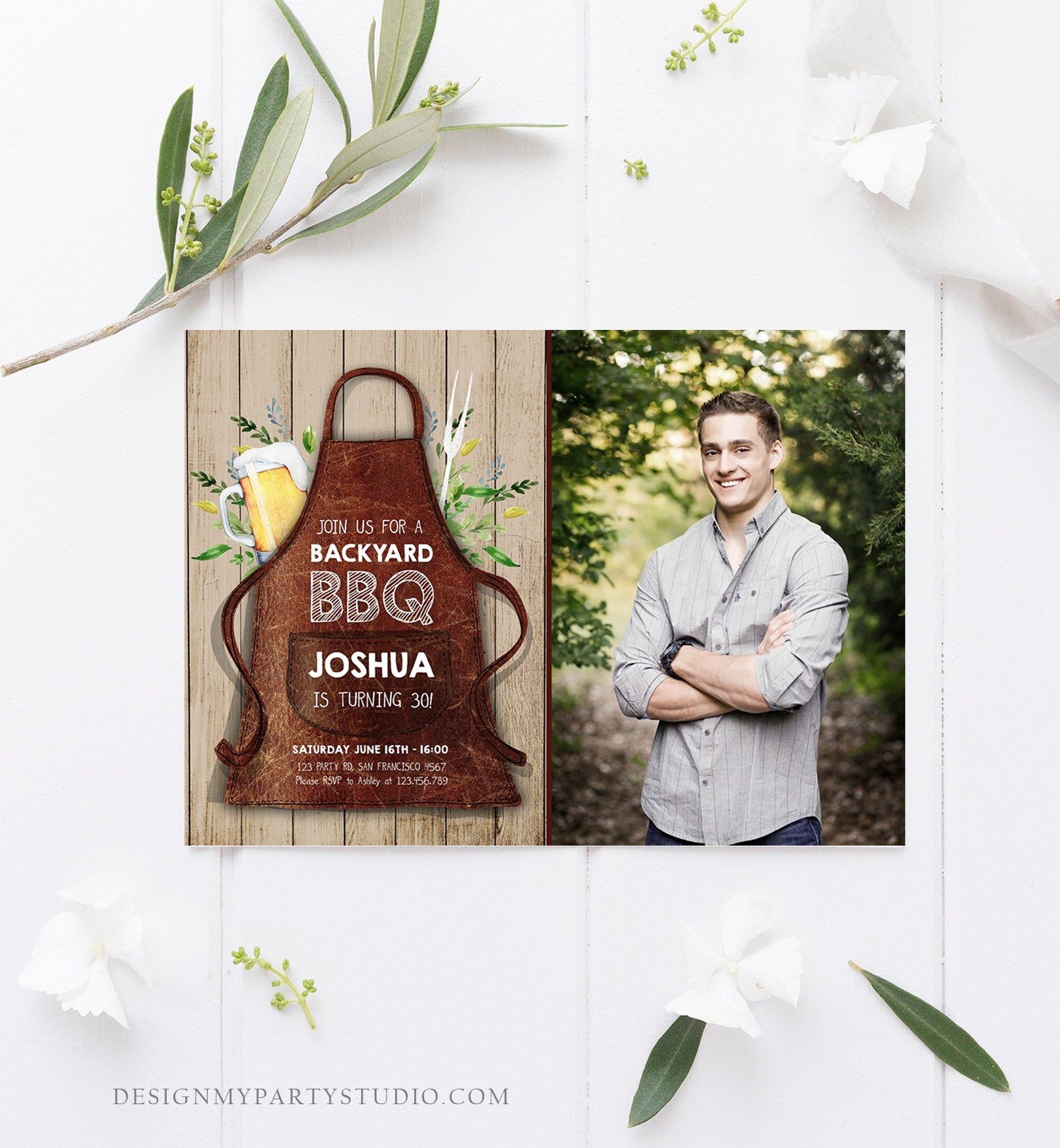 Editable BBQ Birthday Invitation Barbecue Backyard Party Cheers Beer Grill Apron 30th 40th Adult Wood Grill and Chill Corjl Template 0321