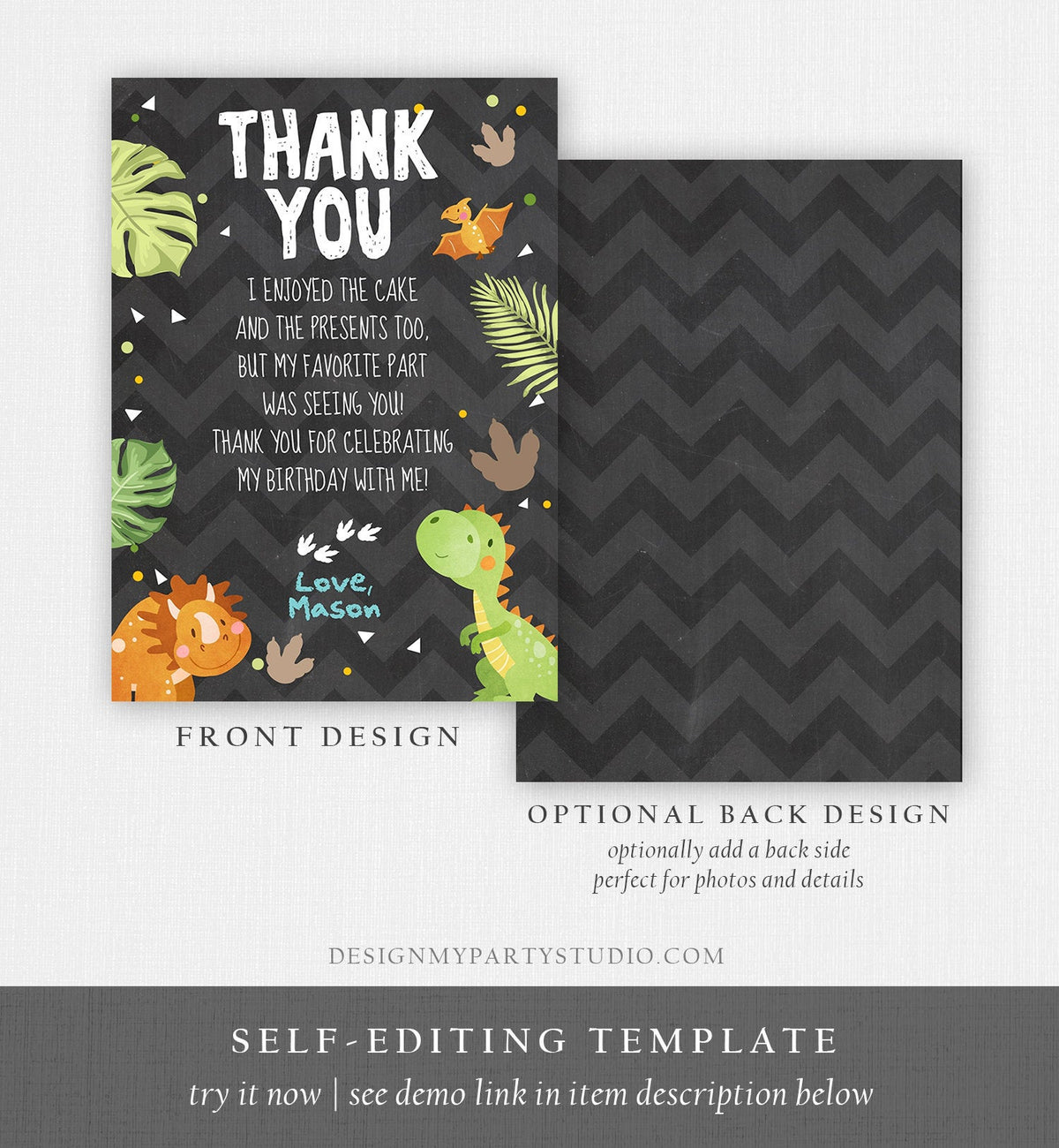 Editable Dinosaur Thank You Card Boy Prehistoric Dino Dig Party T-Rex Fossil Foot Prints Digital Download Printable Template Corjl 0283