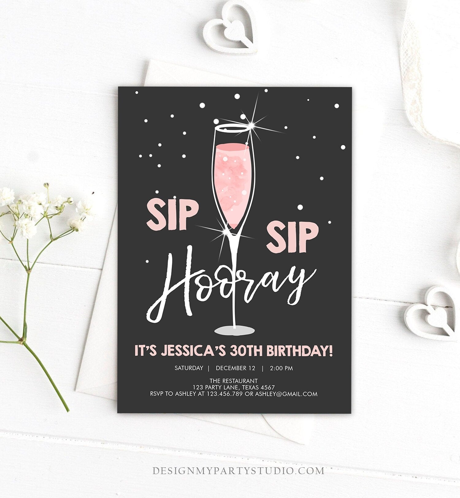 Editable Sip Sip Hooray Birthday Invitation Adult Surprise Party Rustic Chalk 30th Champagne Brunch and Bubbly Printable Corjl Template 0252
