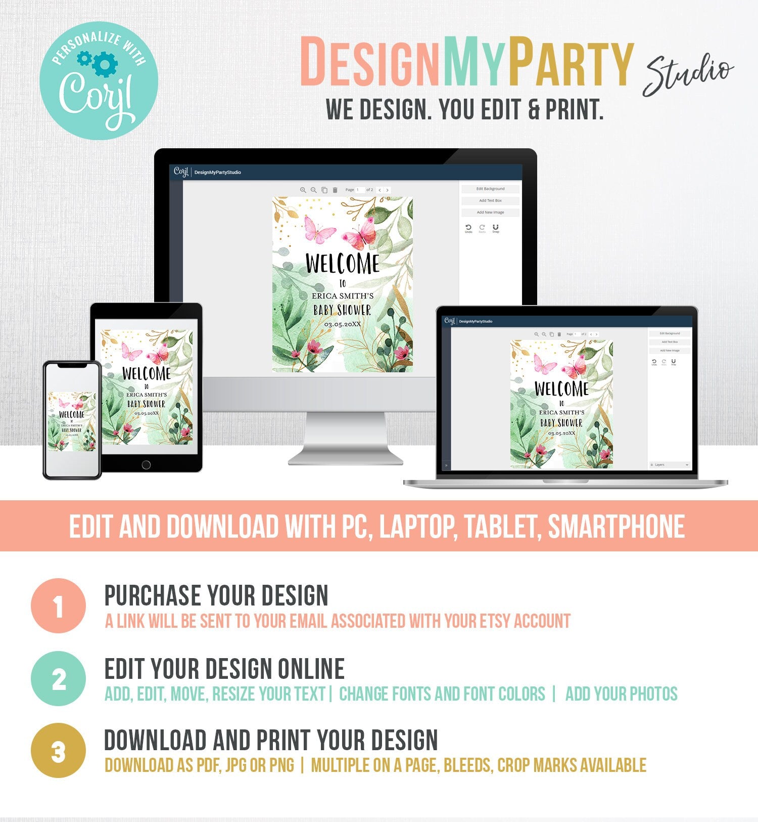 Editable Butterfly Welcome Sign Butterfly Baby Shower Spring Pink Gold Greenery Couples Shower Girl Table Sign Corjl Template Printable 0170