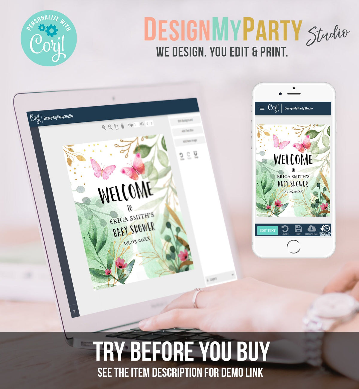 Editable Butterfly Welcome Sign Butterfly Baby Shower Spring Pink Gold Greenery Couples Shower Girl Table Sign Corjl Template Printable 0170