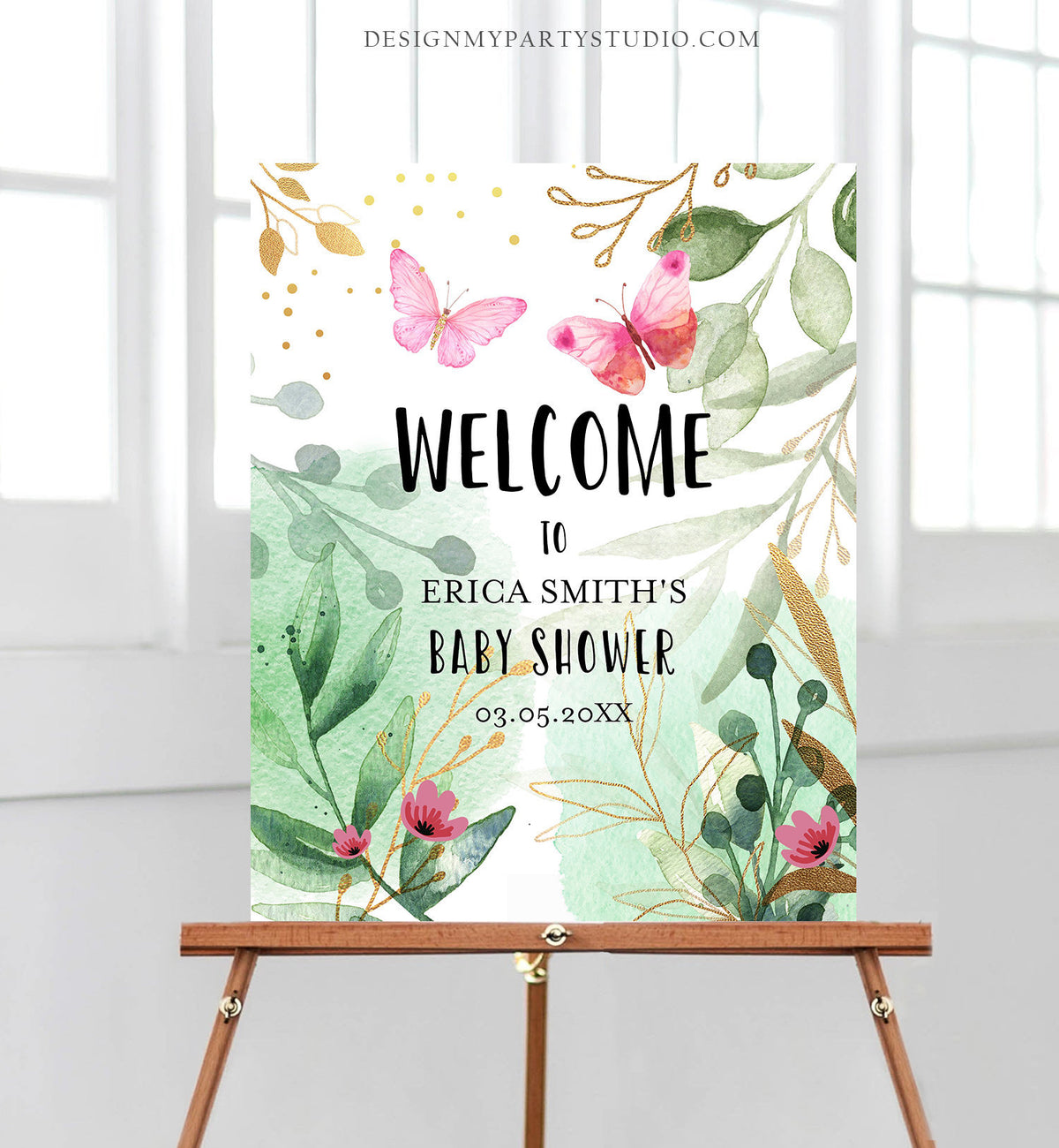 Editable Butterfly Welcome Sign Butterfly Baby Shower Spring Pink Gold Greenery Couples Shower Girl Table Sign Corjl Template Printable 0170