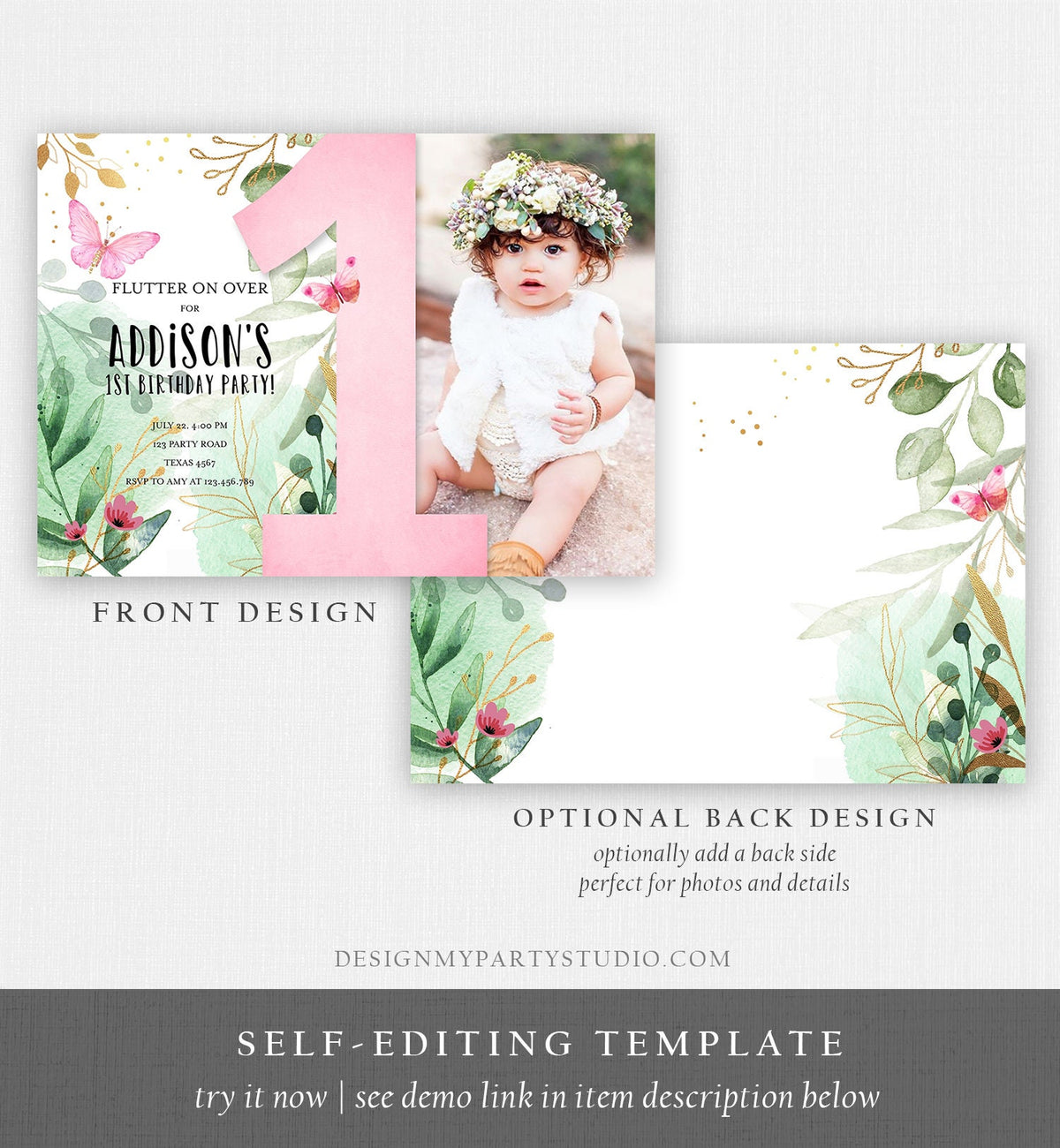 Editable Butterfly 1st Birthday Invitation Butterfly Invitation Garden Floral Flowers Pink Gold Girl Download Printable Template Corjl 0170