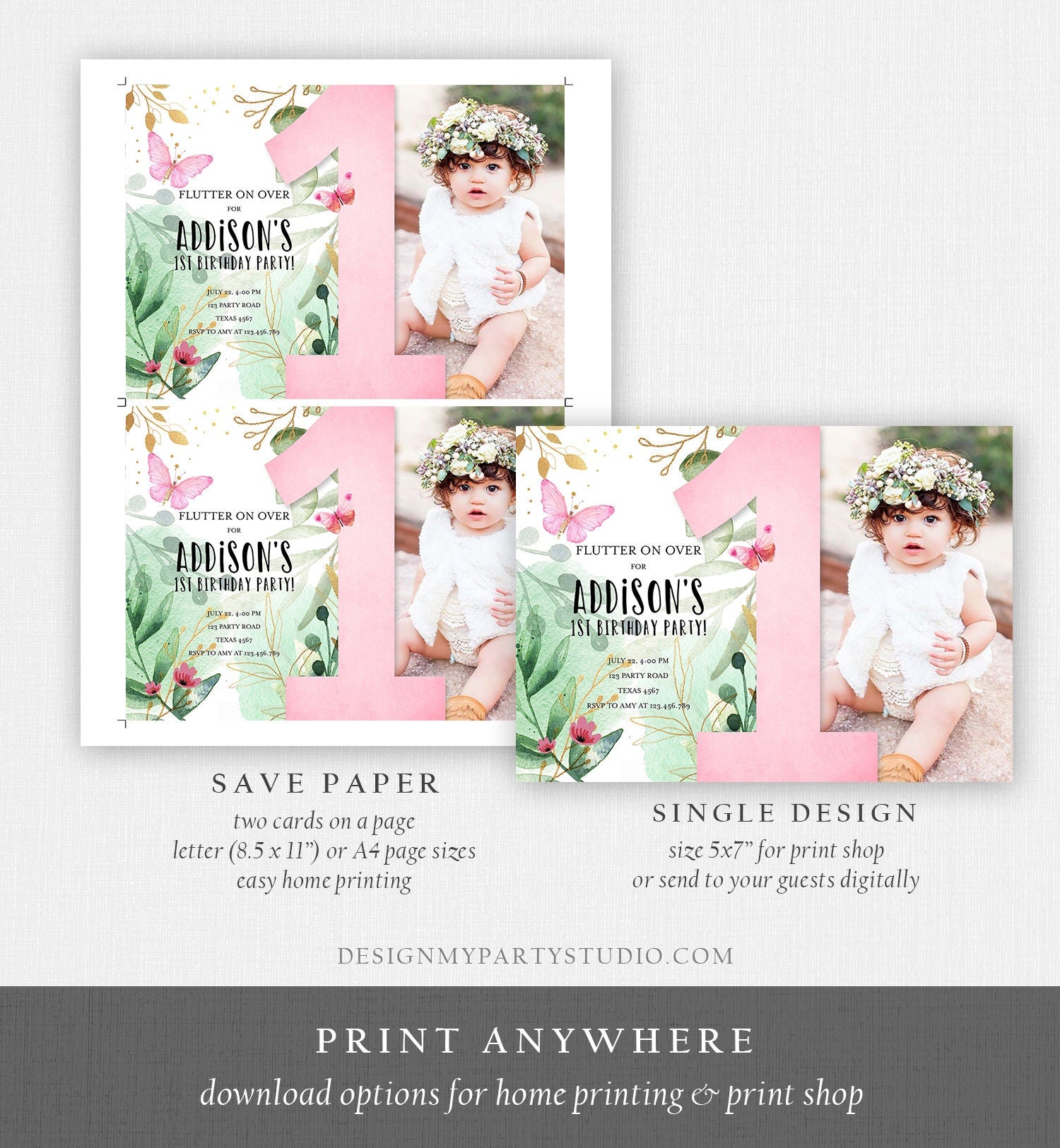 Editable Butterfly 1st Birthday Invitation Butterfly Invitation Garden Floral Flowers Pink Gold Girl Download Printable Template Corjl 0170