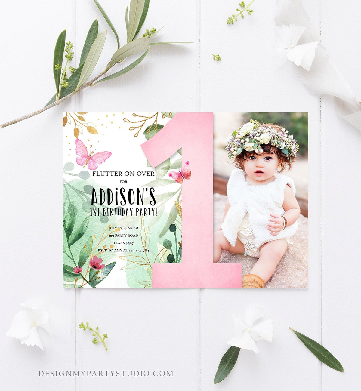 Editable Butterfly 1st Birthday Invitation Butterfly Invitation Garden Floral Flowers Pink Gold Girl Download Printable Template Corjl 0170