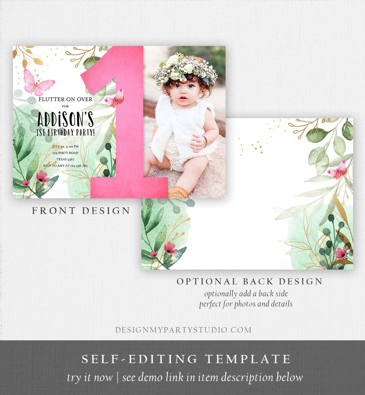 Editable Butterfly 1st Birthday Invitation Butterfly Invitation Garden Floral Flowers Pink Gold Girl Download Printable Template Corjl 0170