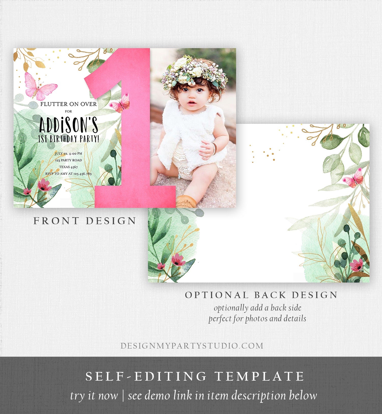 Editable Butterfly 1st Birthday Invitation Butterfly Invitation Garden Floral Flowers Pink Gold Girl Download Printable Template Corjl 0170