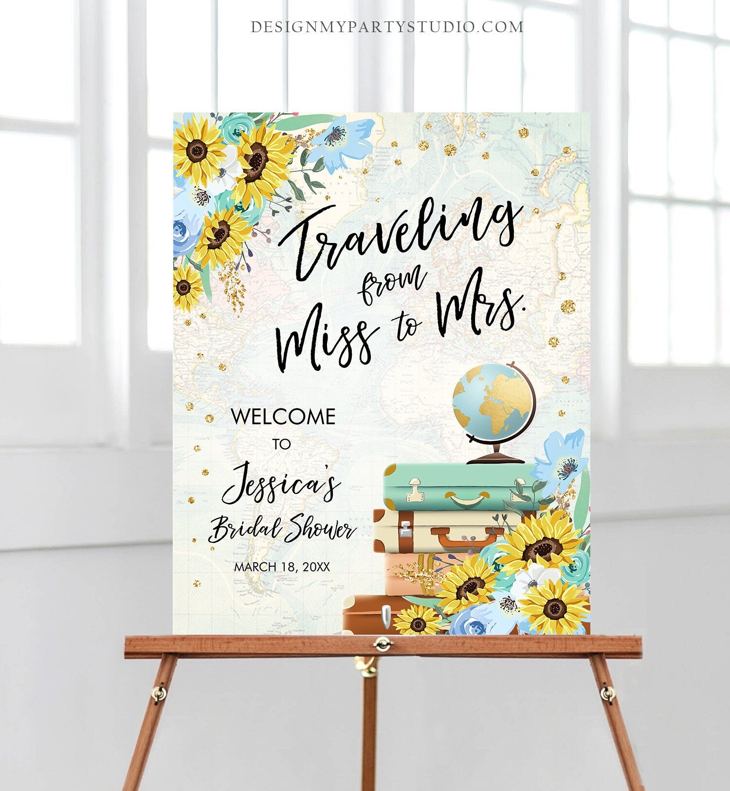 Editable Miss to Mrs Welcome Sign Sunflowers Bridal Shower Traveling From Adventure Love is a Journey Floral Blue Teal Corjl Template 0030
