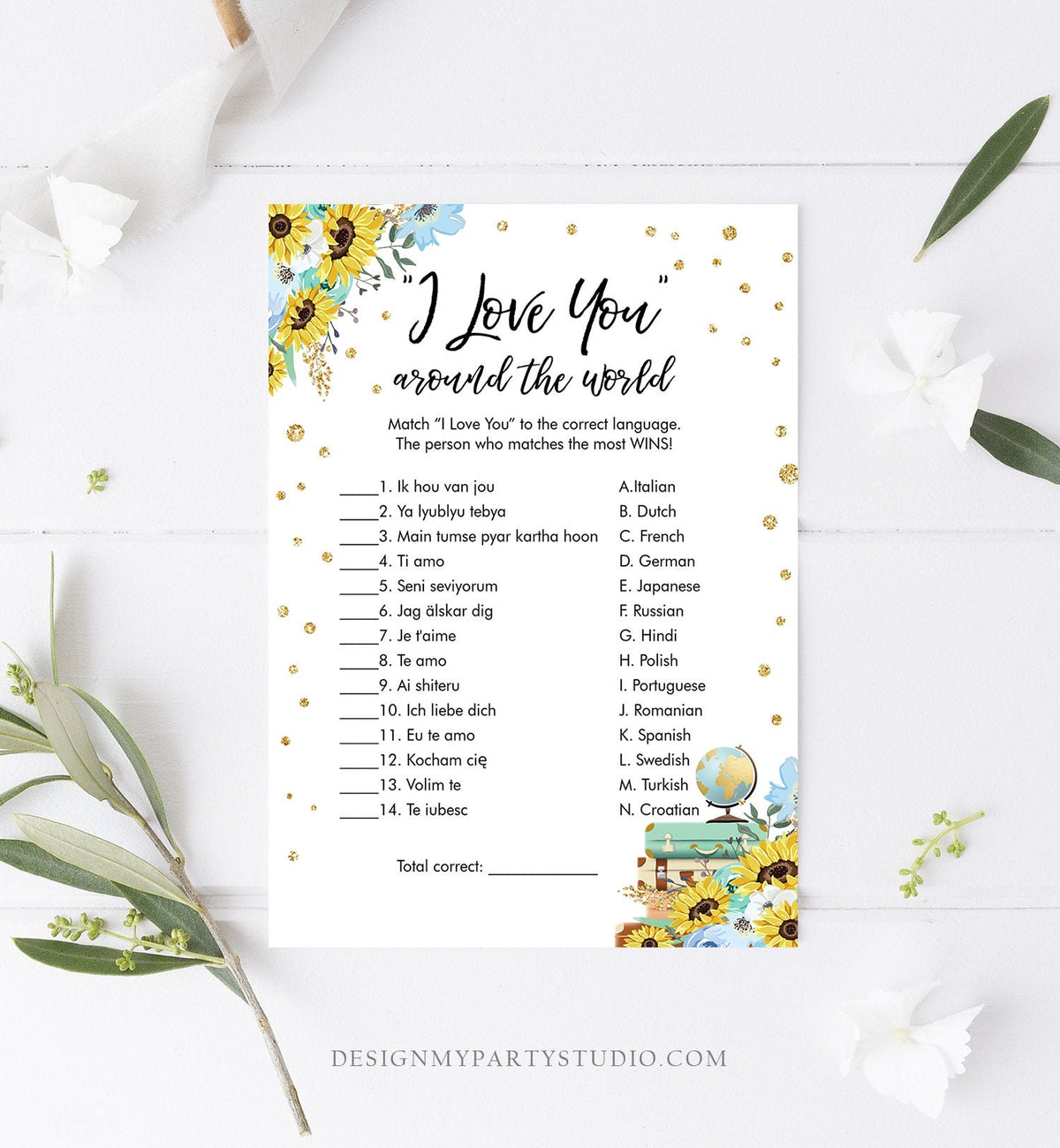 Editable Travel Bridal Shower Game I Love You Around the World Sunflowers Wedding Shower Activity Floral Corjl Template Printable 0030