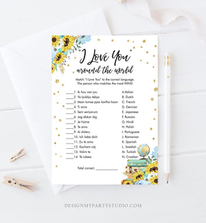 Editable Travel Bridal Shower Game I Love You Around the World Sunflowers Wedding Shower Activity Floral Corjl Template Printable 0030